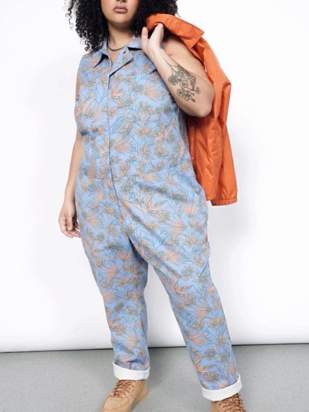 Wildfang Sleeveless Stretch Blue Orange Floral Coverall Zip Up Jumpsuit NWT